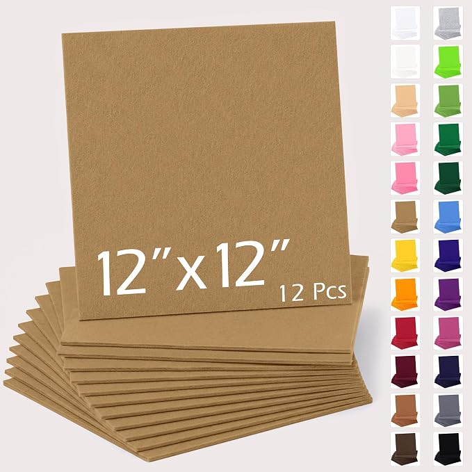 12" x 12" Felt Sheets for Crafts, 2mm Stiff Felt Fabric, Tan | 2mm Thick Stiff
