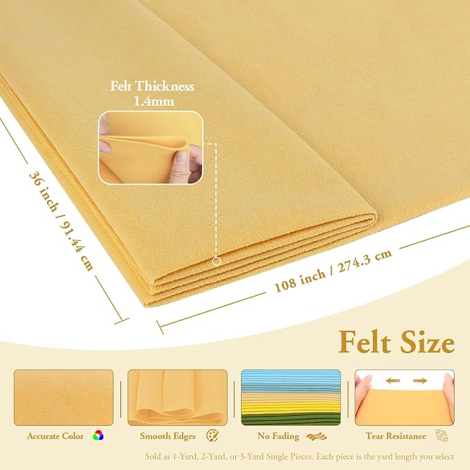 Butter Yellow Felt Fabric Sheet 108" X 36", 1.4mm Thick Large Soft Durable
