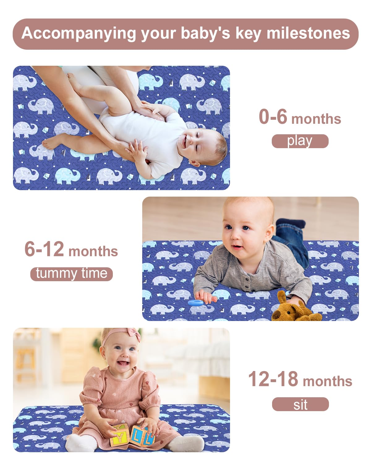 Baby Floor Play Mat Foldable Crawling Mat, 50x50 Play Mat for Playpen, Washable Non Slip One-Piece Playmats Portable, Cushioned Baby Tummy Time Mats for Infants and Toddlers (Blue Elephant)