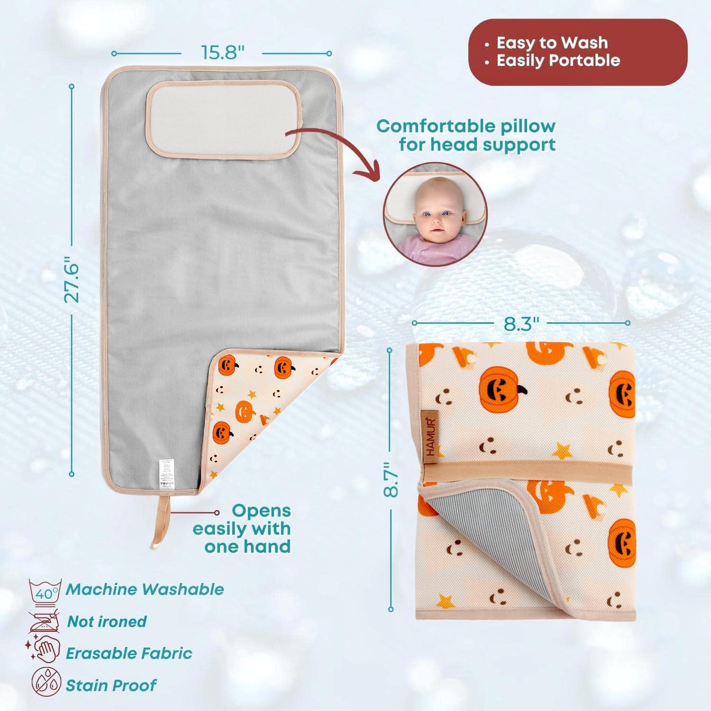 Hamur Home Portable Changing Pad – Waterproof, Washable & Easy Wipe Clean, Foldable Travel Baby Changing Mat for Diaper Bag, Compact & Lightweight, Must-Have for Newborns (Halloween Pattern)