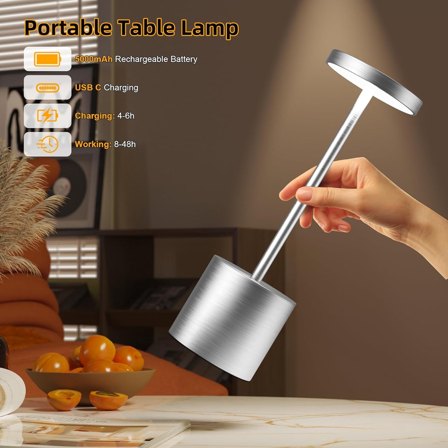 Cordless Table Lamps Rechargeable - Outdoor Portable LED Table Light 5000mAh Battery Operated Lamp 3 Color Stepless Dimming with Memory Function for Restaurant Dining Patio 2Pack Silver