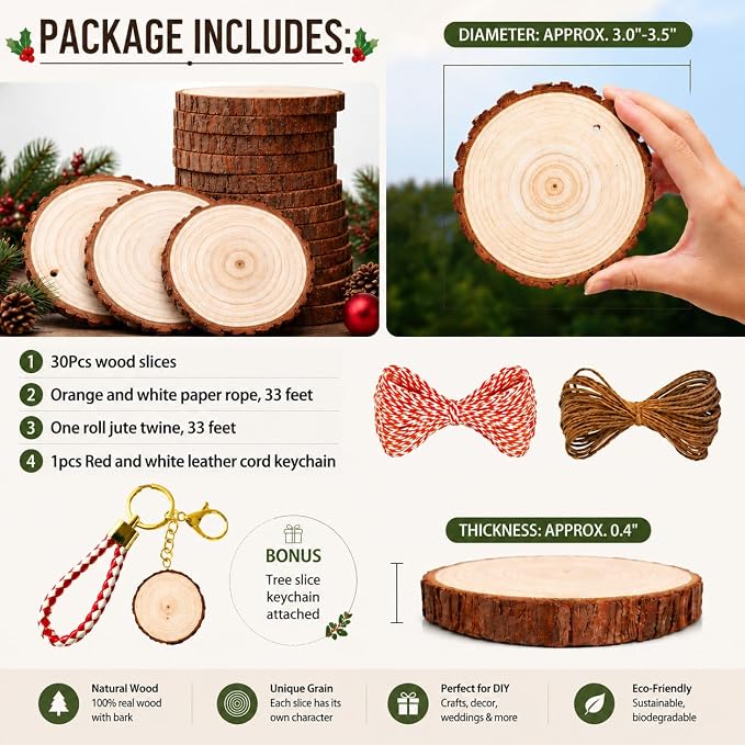 SENMUT Wood Slices 30 Pcs 3.1-3.6inch Natural Rounds Unfinished Wooden Circles