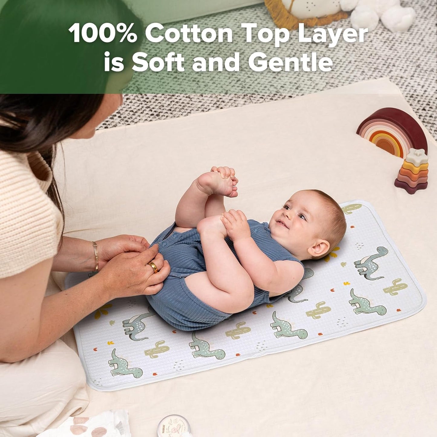 haakaa Waterproof Changing Pad Liners, 100% Cotton, Soft & Breathable (2pcs, 13" x 27.5" Construction Crew+Dino Land)