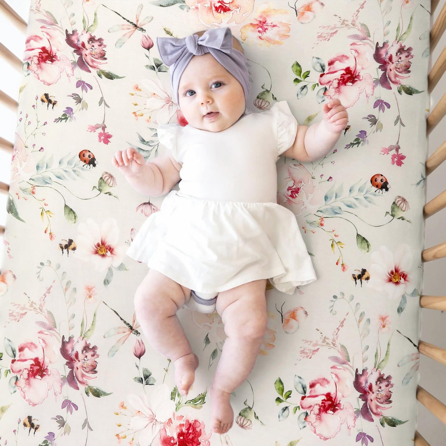Fitted Crib Sheets Set 2 Pack, Ultra Soft Stretch Jersey Knit Crib Sheet Fit All Standard Crib Mattress Pads Safe and Snug, Crib Fitted Sheet for Baby, Beautiful Flowers and Insects Pattern