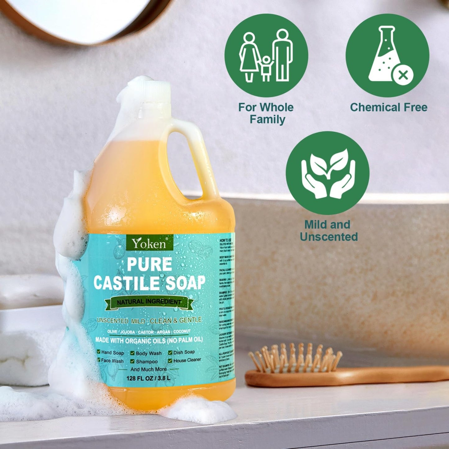 Castile Soap Liquid EWG Verified(1 Gallon, Unscented) Pure-Castile Liquid Soap for Body, Face, Hand, Pets, Laundry, Dish Soap and More - Made With Organic Oil, Vegan, Clean & Gentle, Versatile