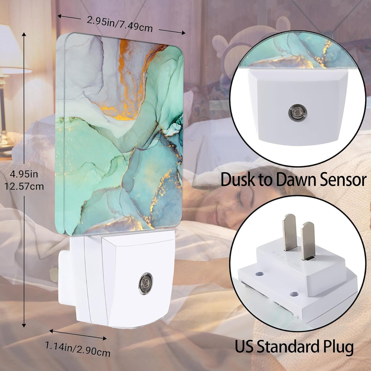 Green Marble Dusk to Dawn Night Light, Auto Sensor Lamp Home Indoor Stairway Kitchen Corridor, Night Lights Plug into Wall Decor, Boys Girls Women Men Room Gifts