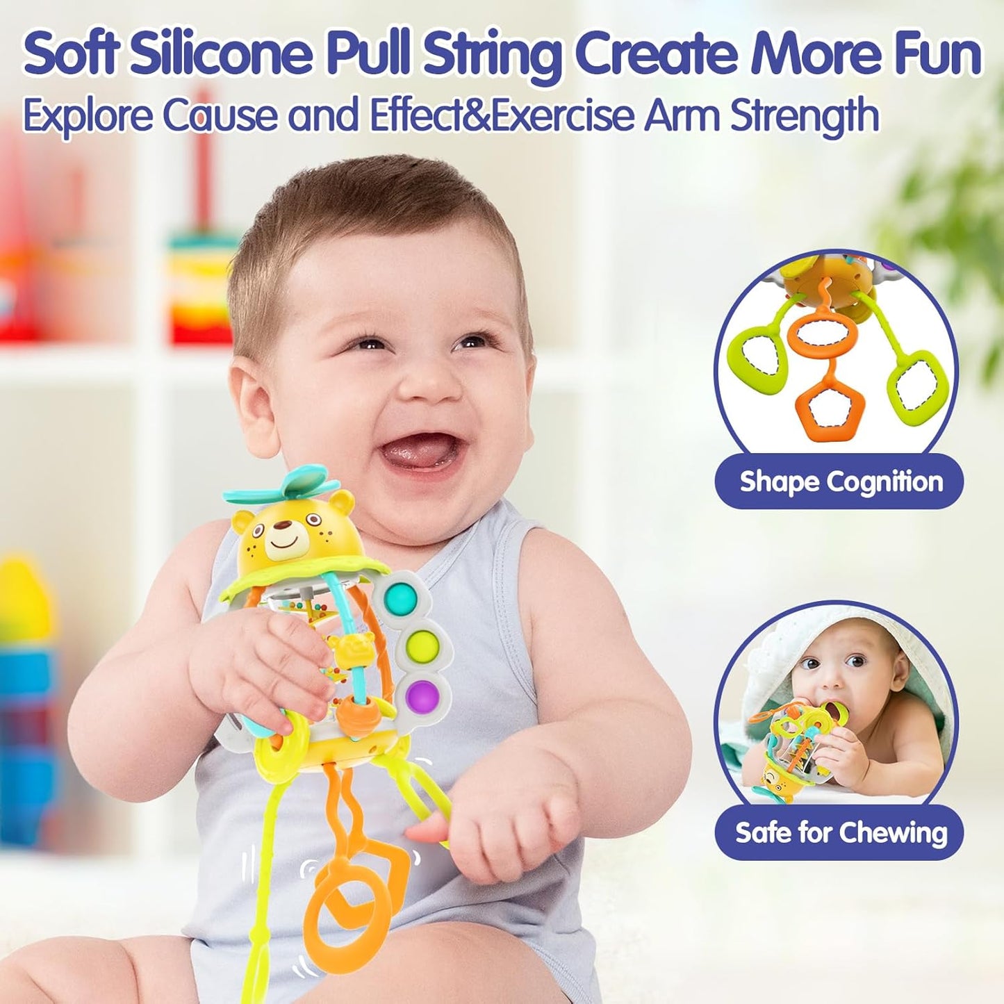 HOLA Montessori Toys for 1 Year Old Boys-Rattle Teething Baby Toys 0-6 & 6-12 Months, Silicone Pull String Sensory Toys for 1 Year Old Girl Gifts Christmas Stocking Stuffers