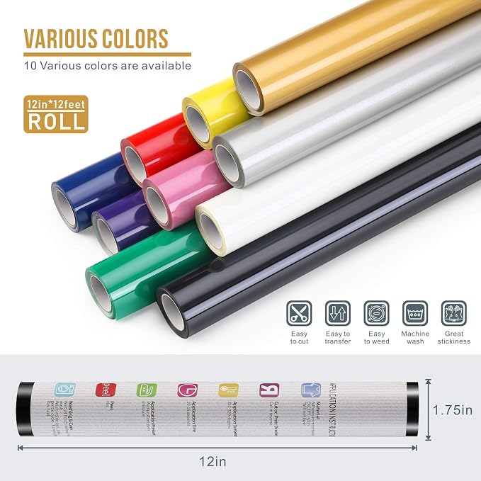 Sooez 12" x 12ft Heat Transfer Vinyl Rolls, Strong Stretchy PU HTV Gold
