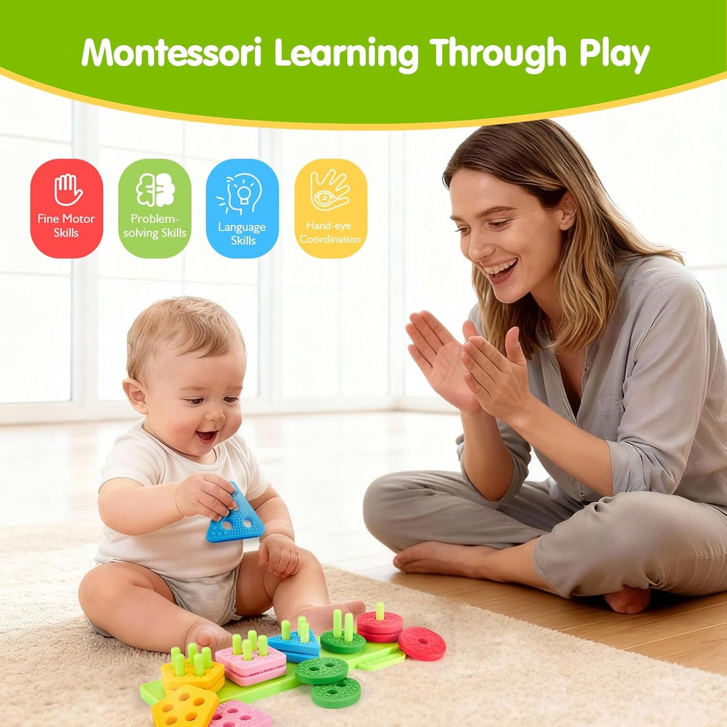 hahaland Toddler Toys 1-2 - Soft Textured Silicone Shape Color Sorting Stacking Montessori Toys for 1 Year Old Boy Girl Gifts, Sensory Toy for Toddlers 1-3 Motor Skills Learning Baby Toys 1 Year Old
