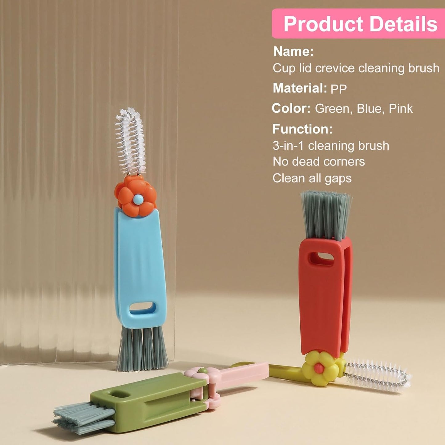 3 in 1 Water Bottle Cleaning Brush - Cup Lid Brush, Multifunctional Portable Gap Crevice Cleaning Brush for Bottle Tight Spaces Cup and Sealed Food Storage containers with lids