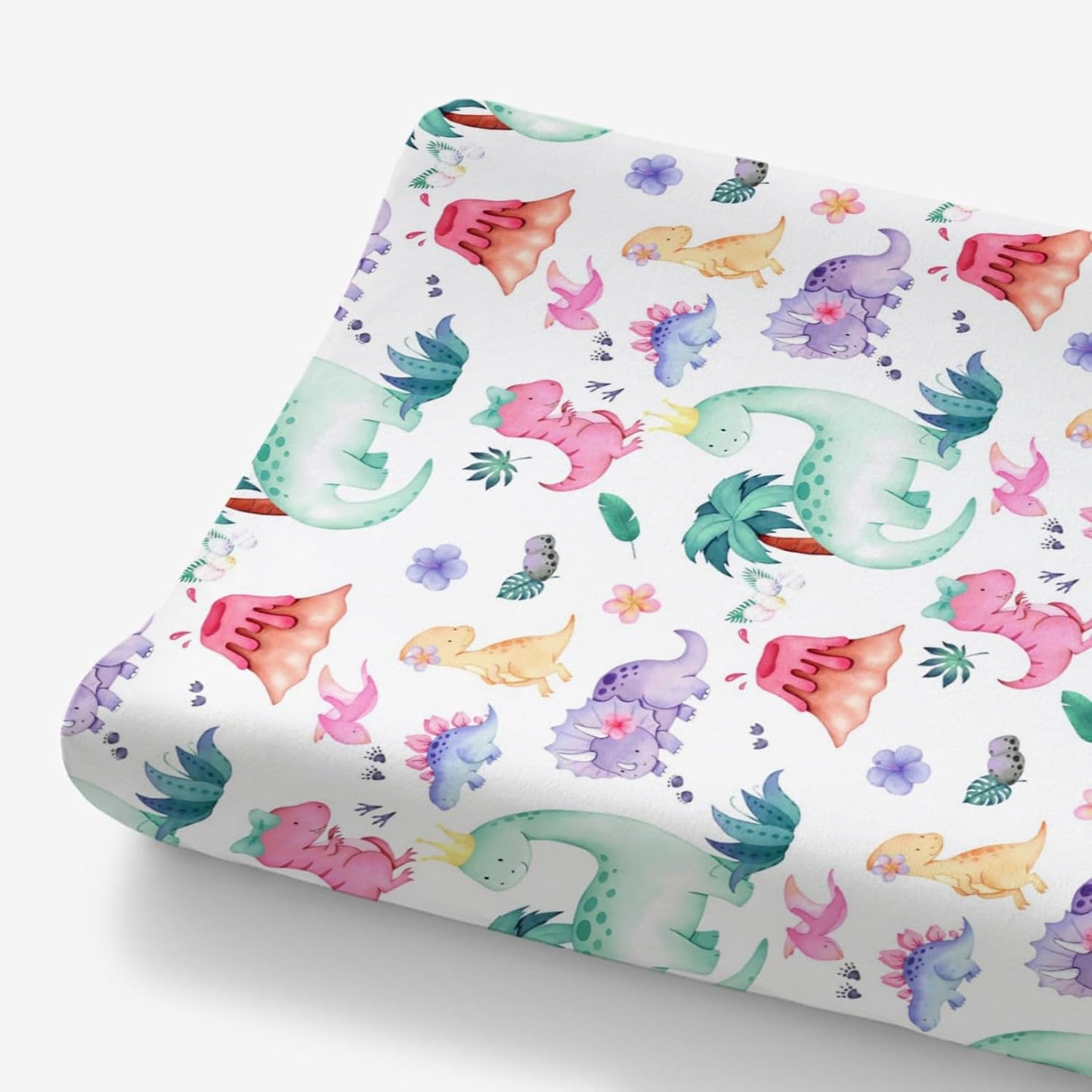 HawSkgFub Girls Dinosaur Changing Pad Cover for Baby Pink Purple, Dino Animal Tropical Diaper Change Table Covers, Ultra Soft Stretchy Breathable Safe Snug Fitted Changing Mat Sheets Fit 32"/34" x 16"