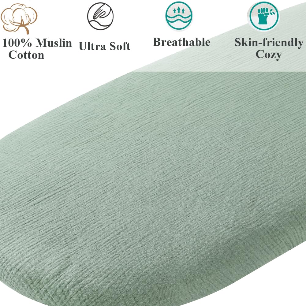 Muslin Bassinet Sheet Compatible with UPPAbaby Bassinet, 2 Pack Cotton Stylish Boho Fitted Bassinet Sheets Super Soft for Baby Roman Green & Botanical Leaf
