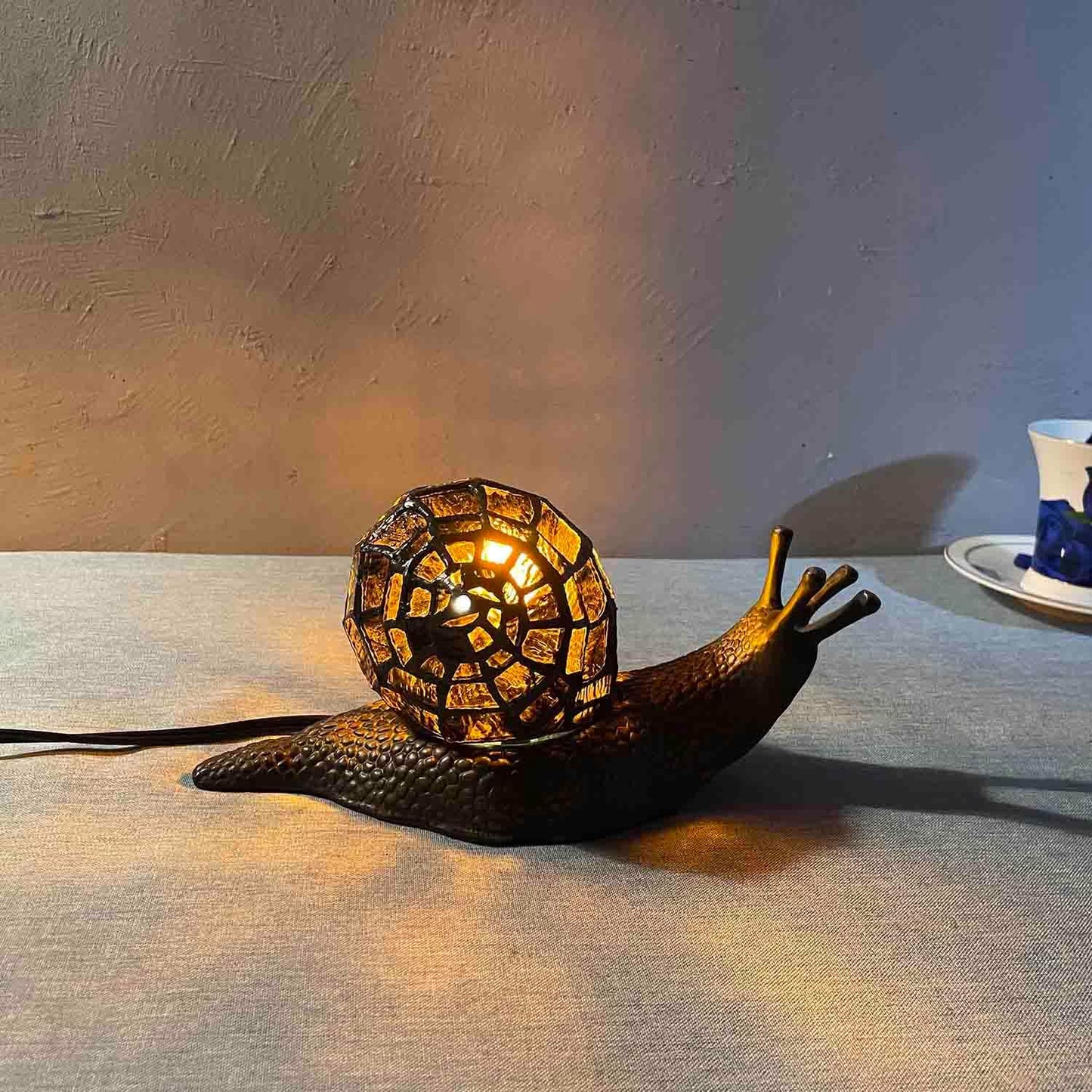 Bieye L10980 Land Snail Tiffany Style Stained Glass Accent Table Lamp for Home Decoration (Amber, 10" D x 5" W x 5" H)
