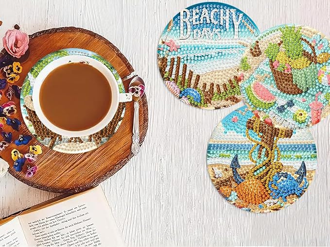 Benjenes 8 PCS Diamond Art Coasters Kits Beach Diamond Painting Coaster |