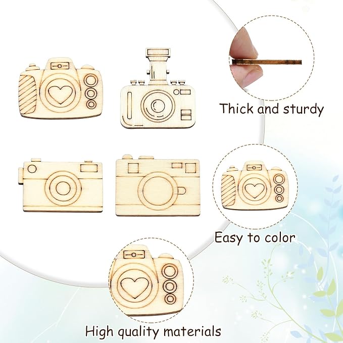 200 pcs Mixed Styles Camera Theme Unfinished Wooden Cutout Charms Travel