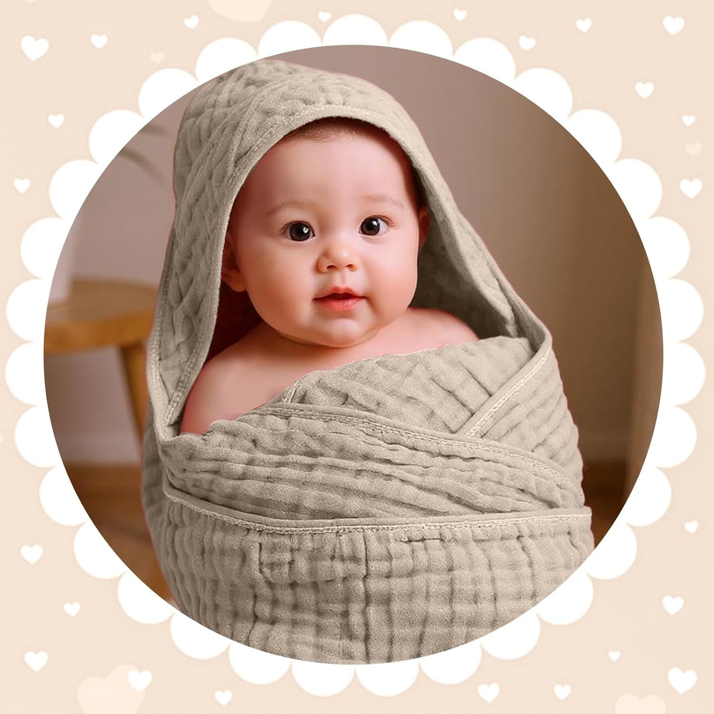 Peryiter 6 Pcs Muslin Hooded Baby Towels, 32"x 32" Cotton Newborn Bath Towel Muslin Infant Baby Blankets Absorbent Unisex Newborn Registry Gift Essentials for Girls Boys(Brown and Pink Series)