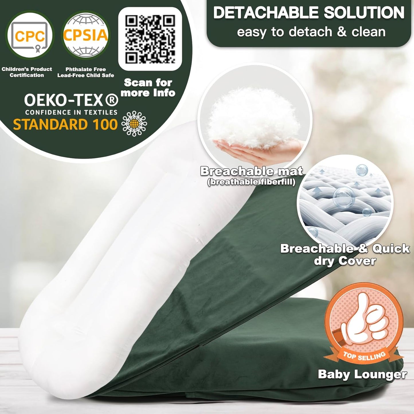 Baby Lounger - Snuggle Cozy Me Infant Lounger for Newborns | Flannel Cover, Breathable Soft, Portable Awake-Time Pad, Essential Baby Gift - Moss