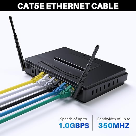 Cat5e Ethernet Cable 75 FT, Long Cat 5e Internet Cable, Yellow Snagless Patch Cord, Flexible, Network, LAN, PoE, Standard RJ45 Connector for PC, Server, Router, Modem, TV, PS5 - with 15 Cable Ties