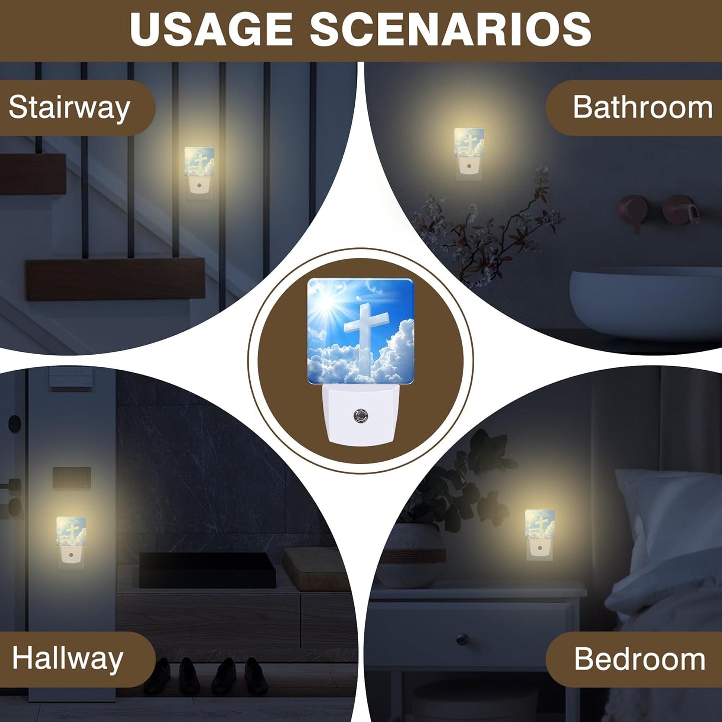 Night Light White Cross in Cloudy Sky Night Lights Plug into Wall Smart Dusk to Dawn Sensor 0.5W Energy Efficient Led Lamp for Men Women Bedroom Bathroom Hallway Stairway Decor
