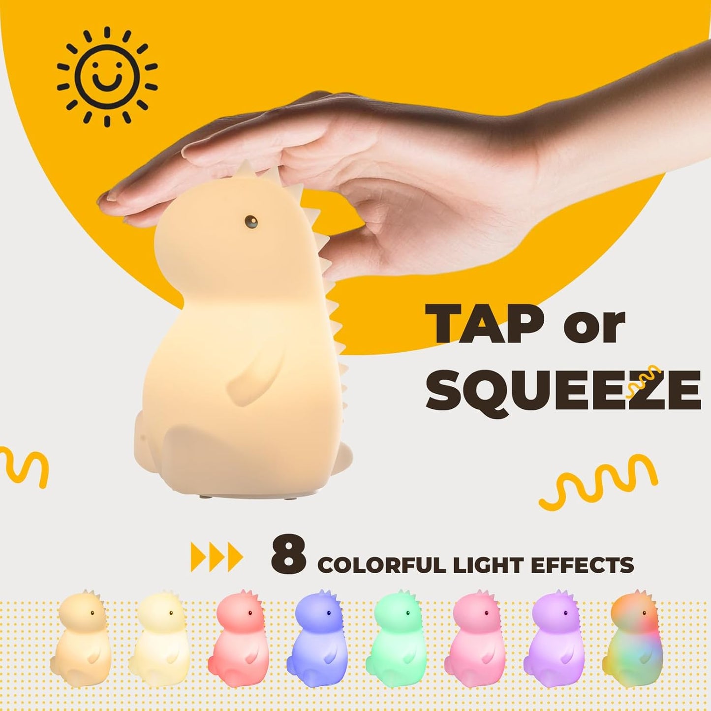 LED Squishy Animal Night Light - 2 Level Dimmable Nursery Lamp for Kids, Rechargeable Touch Lamp, Cute Dorm Decor - Perfect Baby Boys Girls Gift (Little Dinosaur)
