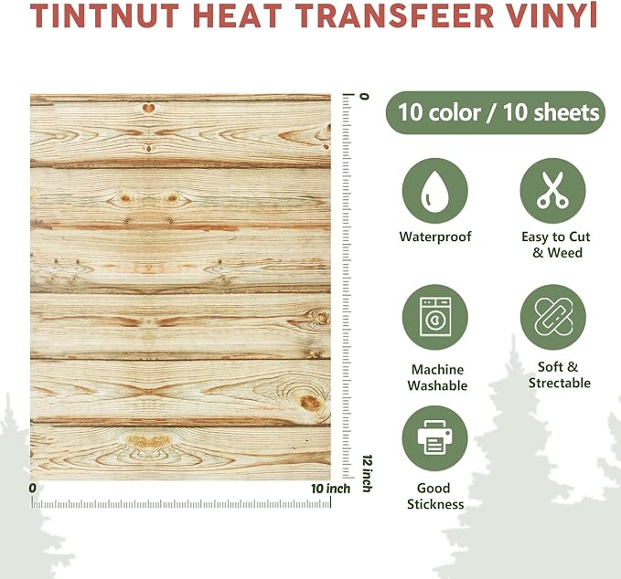 Tintnut Wood Pattern Heat Transfer Vinyl, 10 Sheets 12×10in Iron on Vinyl |
