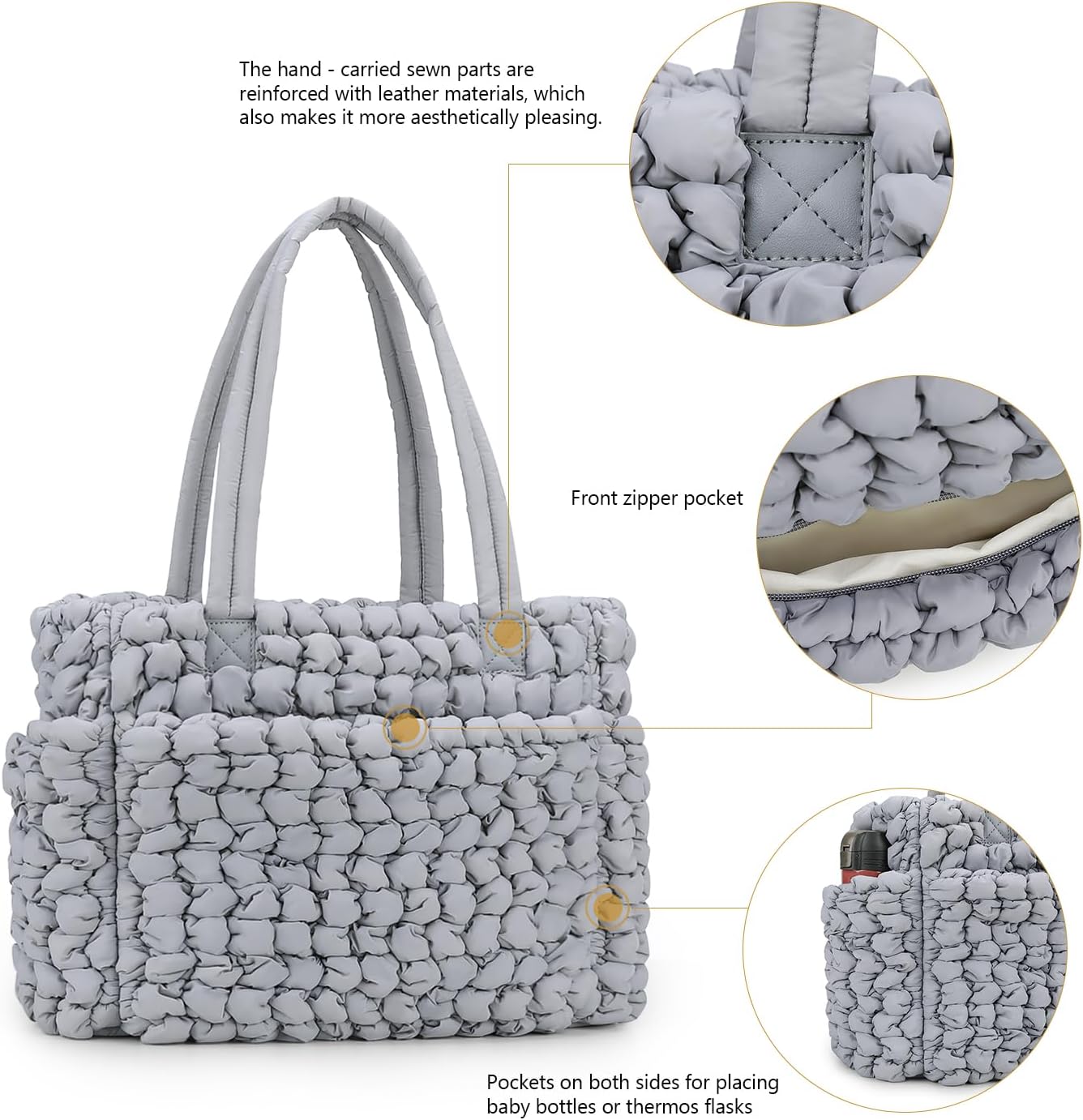 Lmbabter Puffer Quilted Tote Large Diaper Hobo Mommy Bag Hold 16“Laptop Stylish Cloud Handbag Carryall Daypack Travel Work