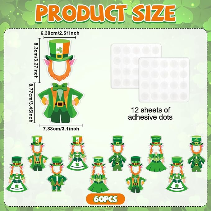 OBUSATT 60 Pcs St. Patrick's Day Leprechaun Hats Theme Cutouts Hat and Beard