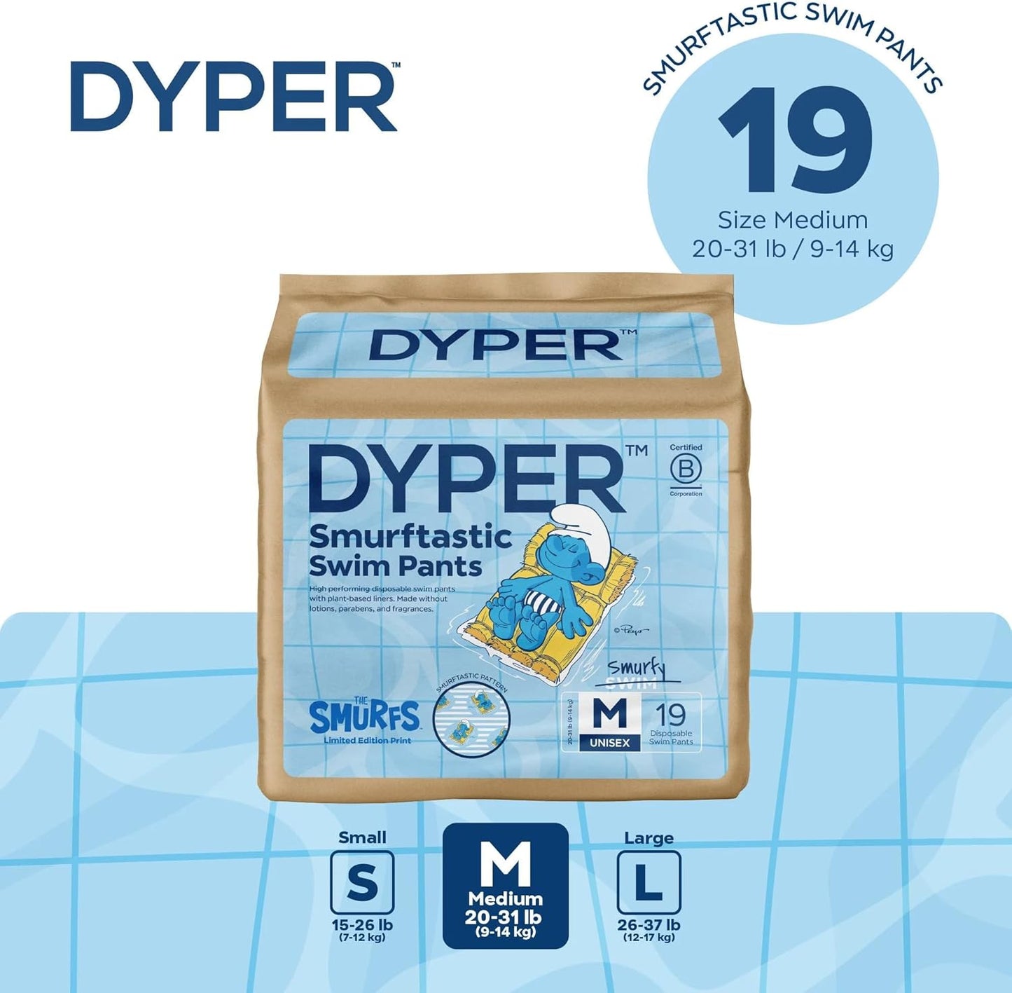 DYPER Smurftastic Baby Swim Diapers, Hypoallergenic Plant-Based Disposable Swim Diapers | Eco-Friendly & Absorbent Swimming Diapers for Babies, Size M (19 Count)