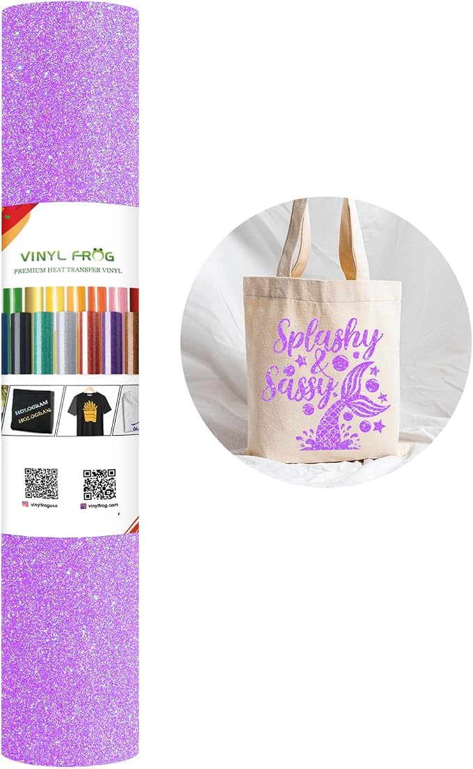 VINYL FROG Neon Purple Glitter Heat Transfer Vinyl Roll 10"x5ft Bright Purple