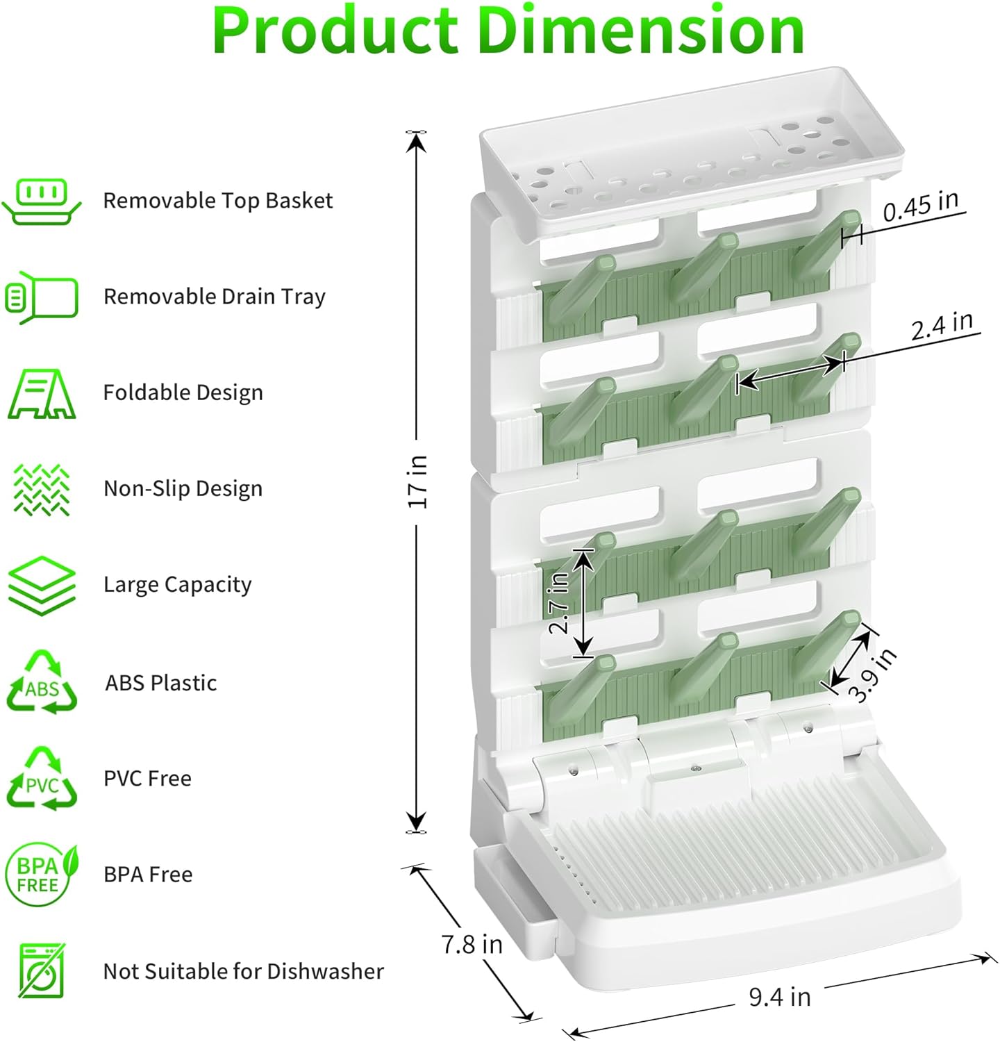 Baby Bottle Drying Rack for 12 Bottles, Space Saving Countertop Vertical Standing Bottle Dryer Rack for Baby Accessories & Pump Parts （Large White&Green）