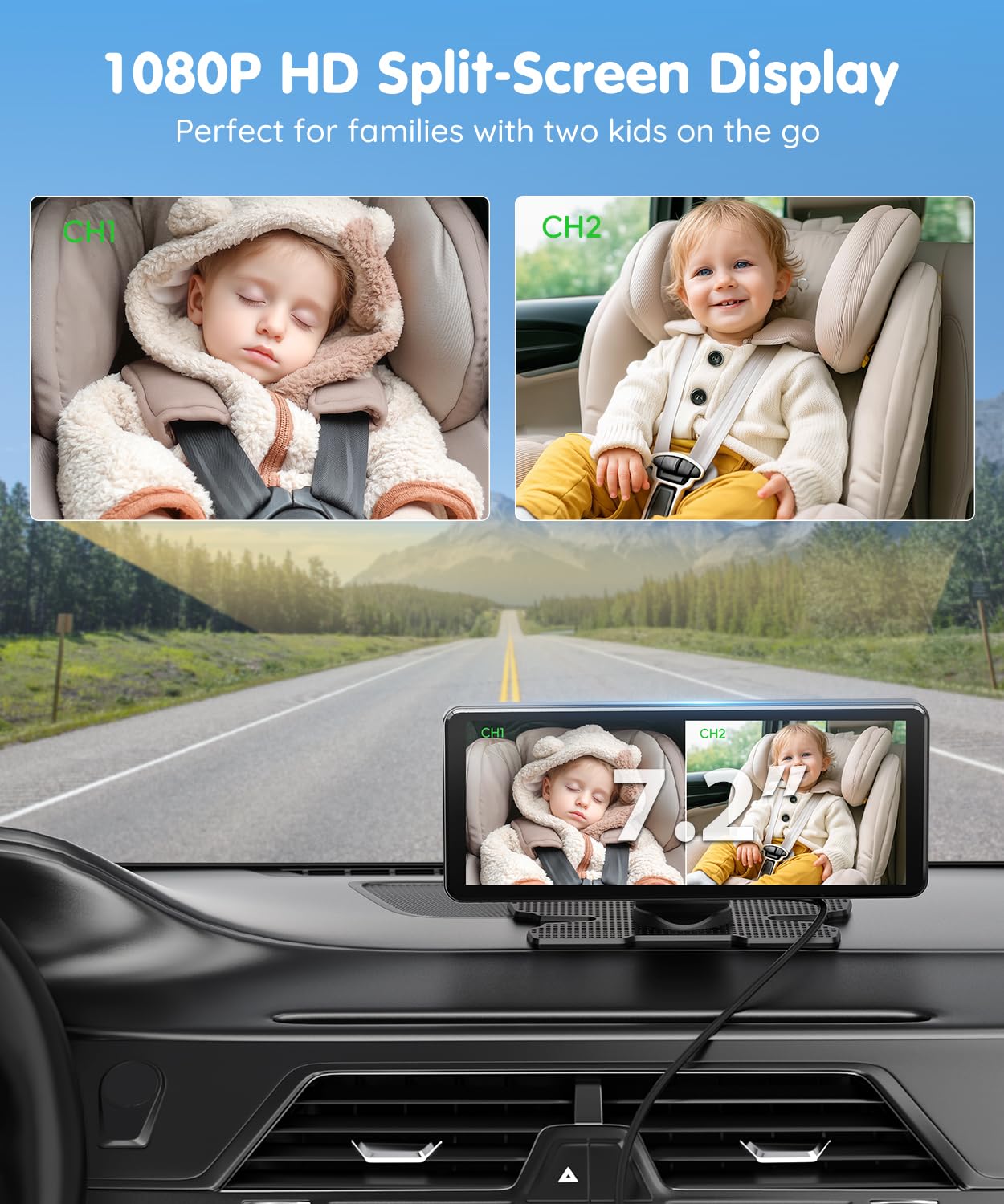 Babyvue BV3PRO Dual Baby Car Camera for 2 Boys, 7.2" 1080P HD Split Screen, Crystal Clear IR Night Vision, No Distortion Display Baby Car Monitor, Safe Driving for Back Seat & Pets