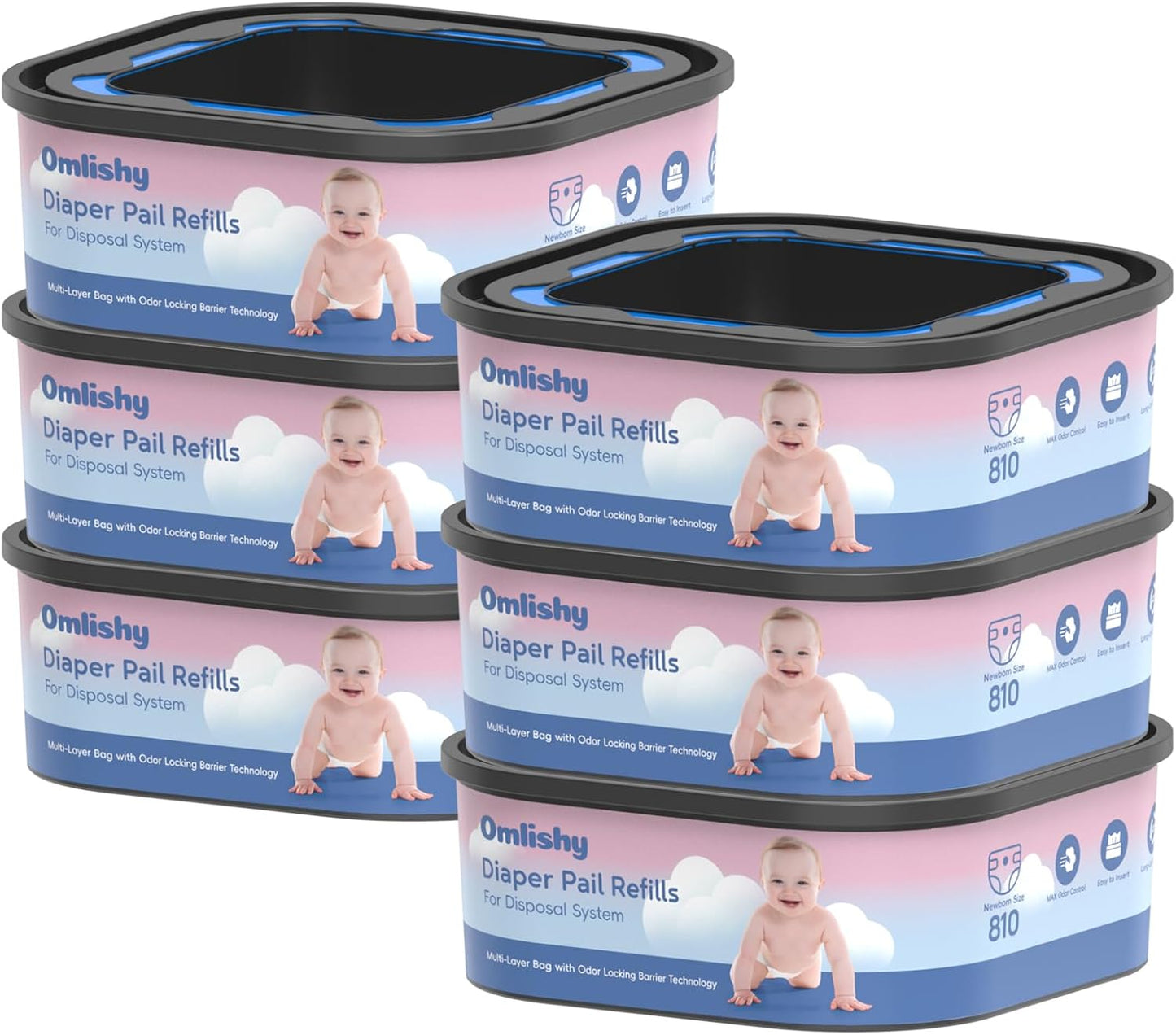 6 Pack Jumbo Square Bags Refill Compatible with Diaper Genie Compact, Select Pails (Not Fit CLASSIC), Disposal Bag Refills with Continuous Film, Hold Up to 810 Newborn-Sized Diapers