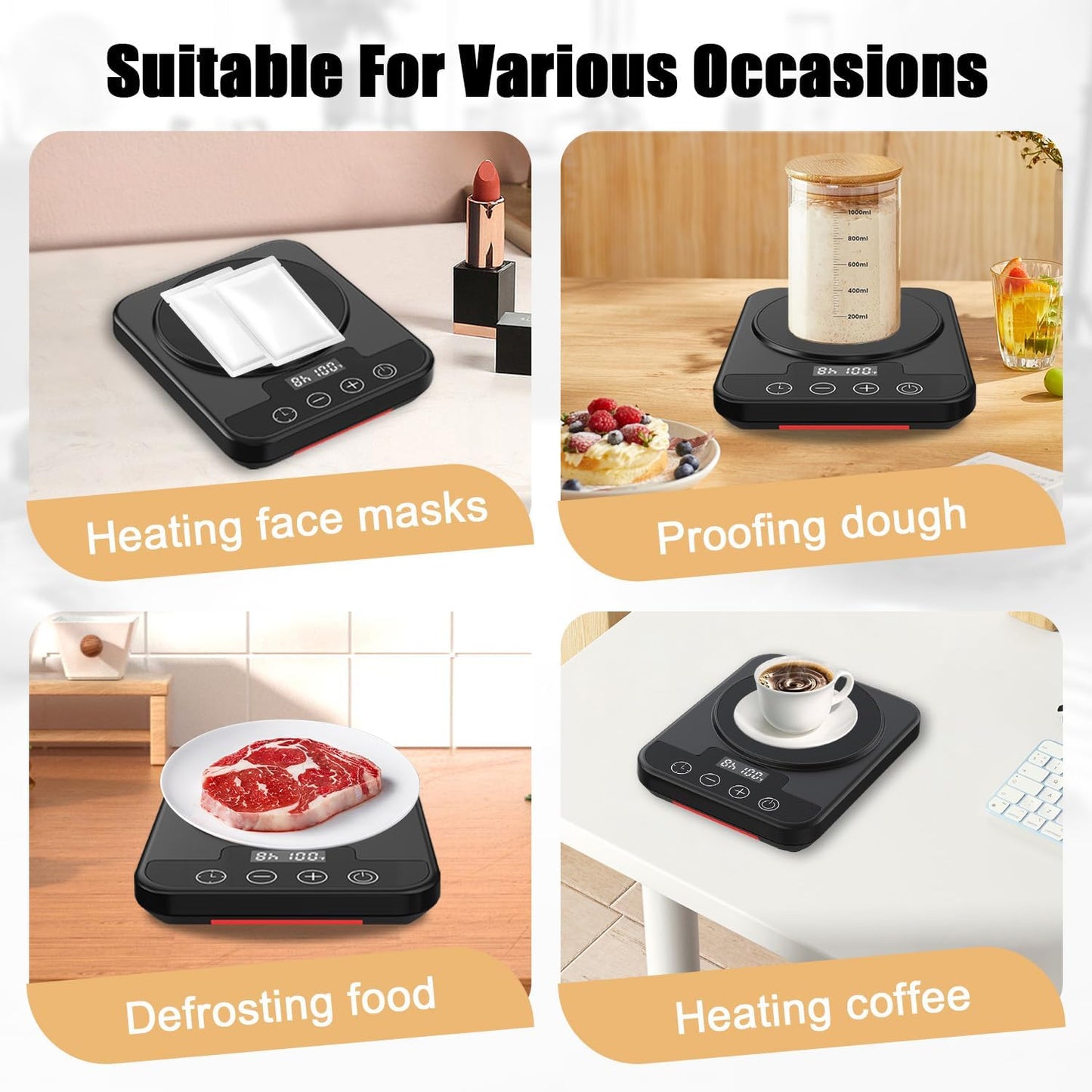 Sourdough Starter Warmer Mat, 12H Timer Warming Heating Pad, Precise 1°F Thermostat Control (70-100°F), Smart Memory Warming On/Off, Fits Jars Up to 40oz, Perfect for Home Baking (Black)
