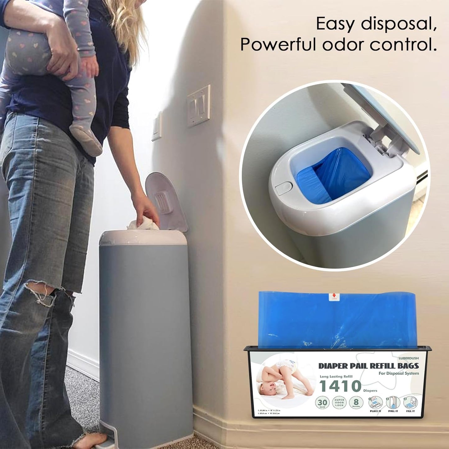 Diaper Pail Refill Bags - Compatible with Genie Easy Roll Signature & Platinum Pails | Each 30 Bags Holds Up to 1410 Newborn Diapers | 7-Layer OdorLock Technology | 3 Pack(90 Bags)