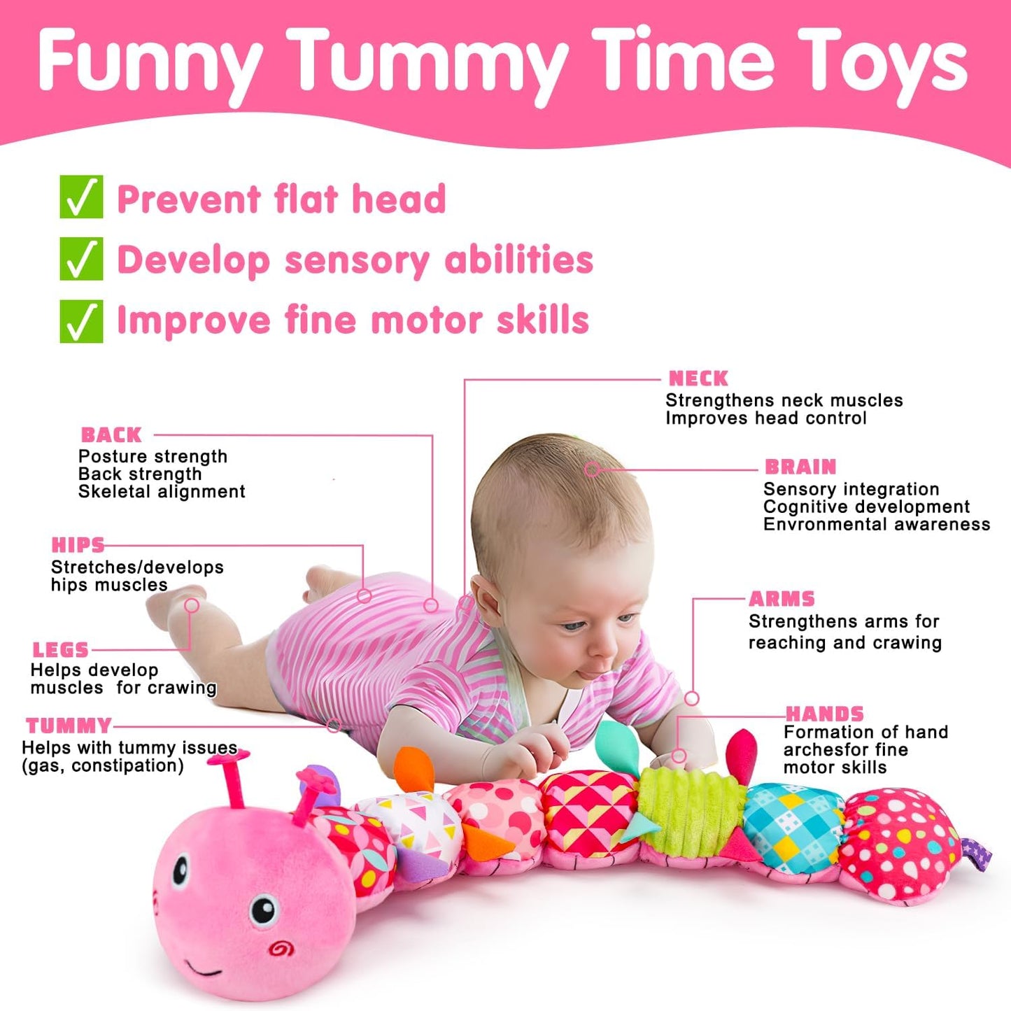 Baby Tummy Time Toy 0-6 Month Musical Stuffed Animal Plush Caterpillar Toy for Infant 6-12 Month Teething Sensory Toy with Crinkle Rattle for Babies 0-3-6 Month Newborn Toys for Boy Girl Birthday Gift