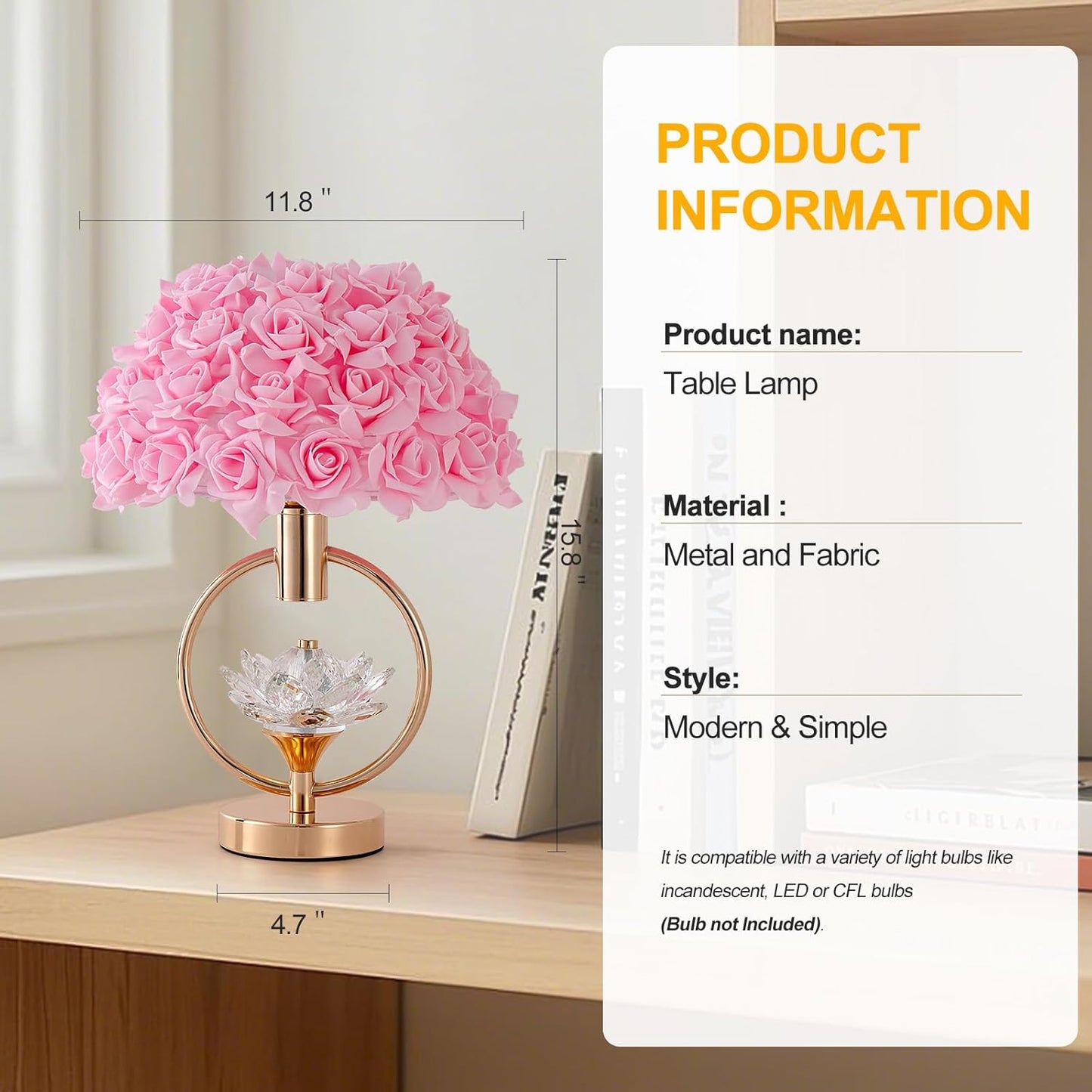 Modern Pink Rose Table Lamp with Crystal Romantic Flower Bedside Lamp Princess Nightstand Lamp Creative Desk Light for Girl Bedroom Living Room Entry Hotel Wedding 17IN