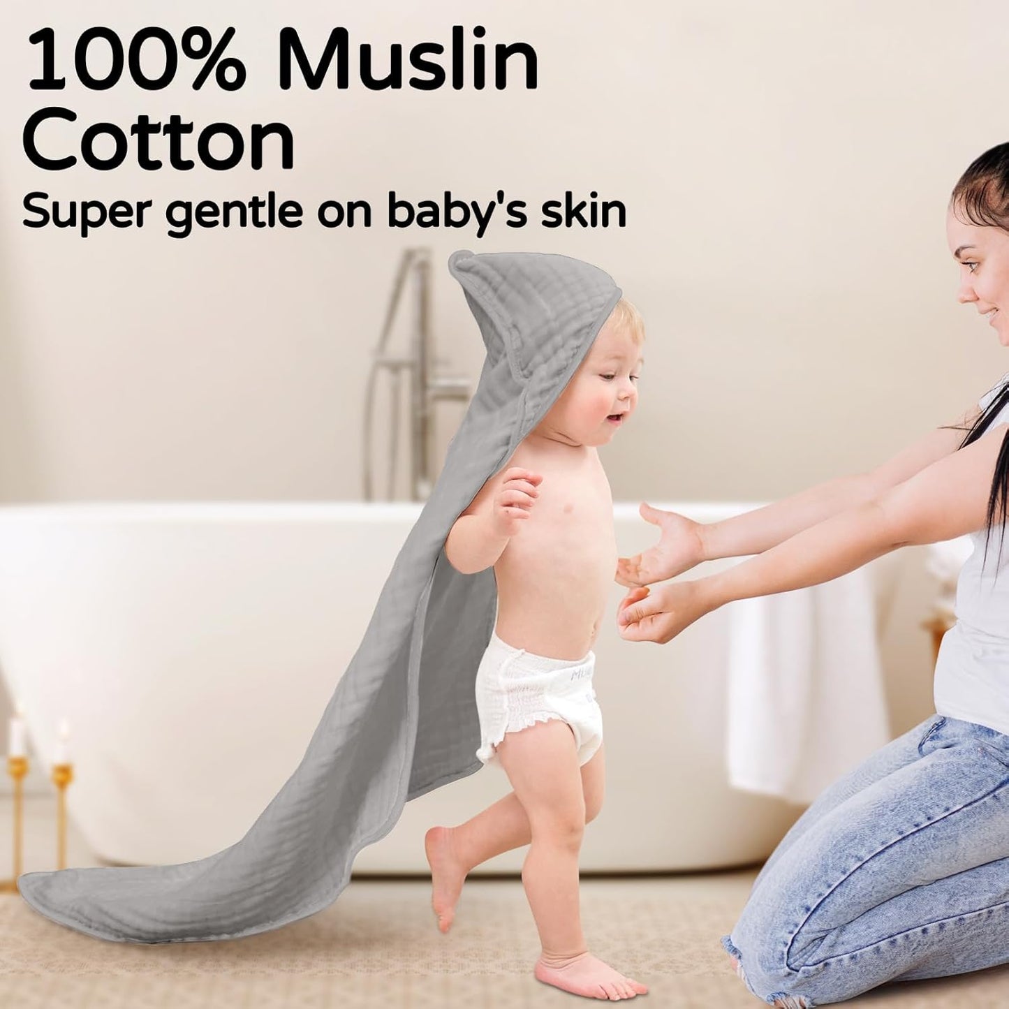Yoofoss Hooded Baby Towels for Newborn 2 Pack 100% Muslin Organic Cotton Baby Bath Towel with Hood for Babies, Infant, Toddler and Kids, 32x32Inch, Soft and Absorbent Newborn Essential,Grey Flower