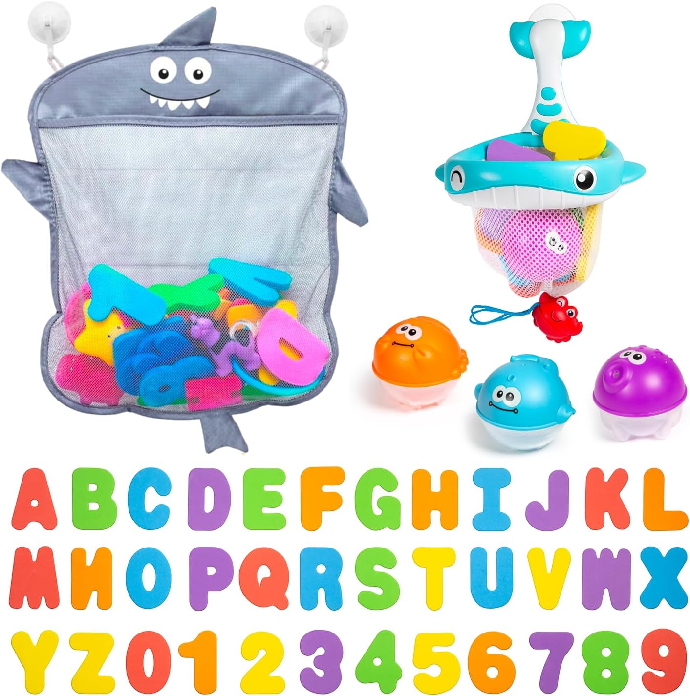 Comfylife Baby Bath Toy Organizer - Bath Toy Storage for Shower - Bathtub Toy Organizer Includes Foam Bath Toys (Numbers & Letters & Squirty Toys) + Extra Net That Doubles as a Toy