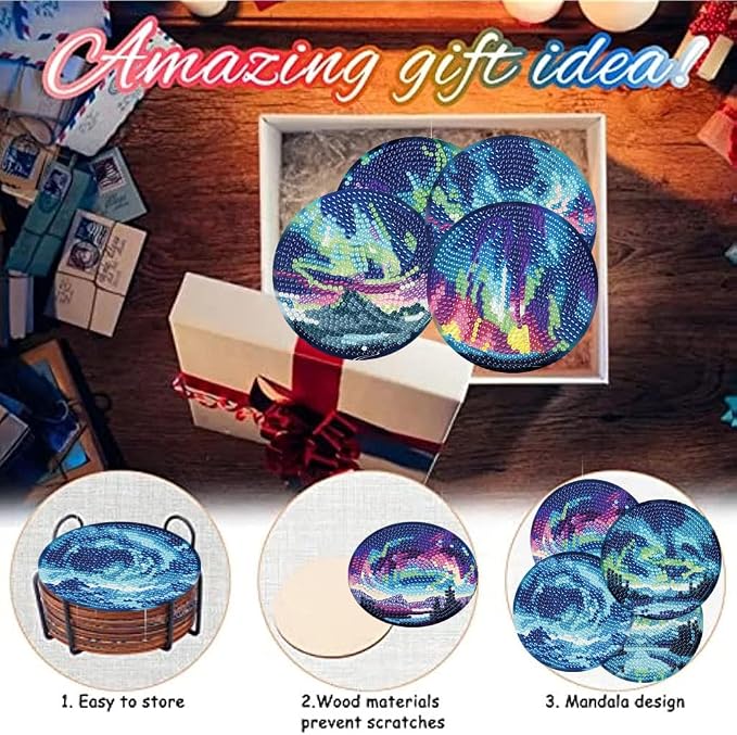 8 Pack Diamond Art Coasters, Northern Lights Diamond Painting Coasters Kits |