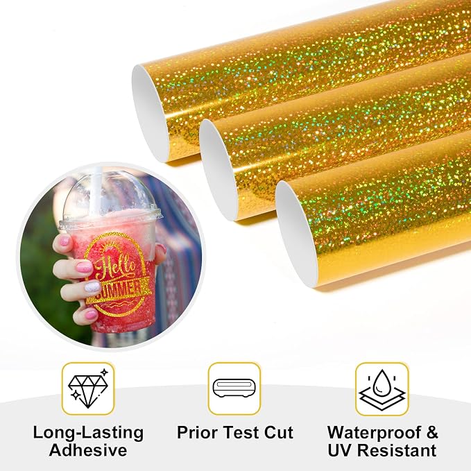 TECKWRAP Sparkle Gold Shimmer Vinyl Gold Glitter Permanent Vinyl Holographic