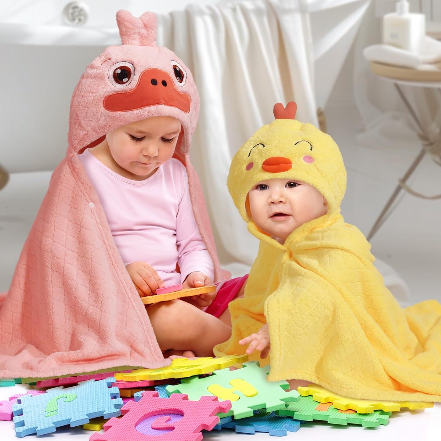 Baby Bath Towels with Hood,2 Pack Animal Hooded Toddler Bath Towel Baby Bath Towels Hooded Kids Towel for Boy Girl Baby Towels with Hood (32 x 50 Inch, L x W),Yellow Chick & Pink Duck
