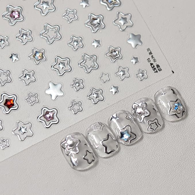 Star Nail Art Stickers Silver Star 5D Embossed Nail Decals