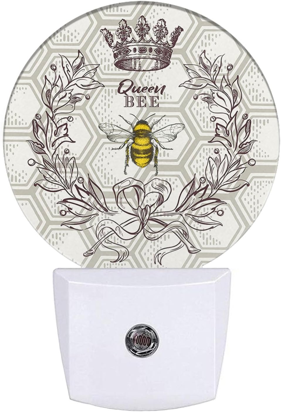 EKOBLA Queen Bee Night Light - Round LED Wall Plug-in Nightlights with Auto Sensor, Dusk to Dawn Lighting for Bedroom, Hallway & Kitchen (Bee Theme)