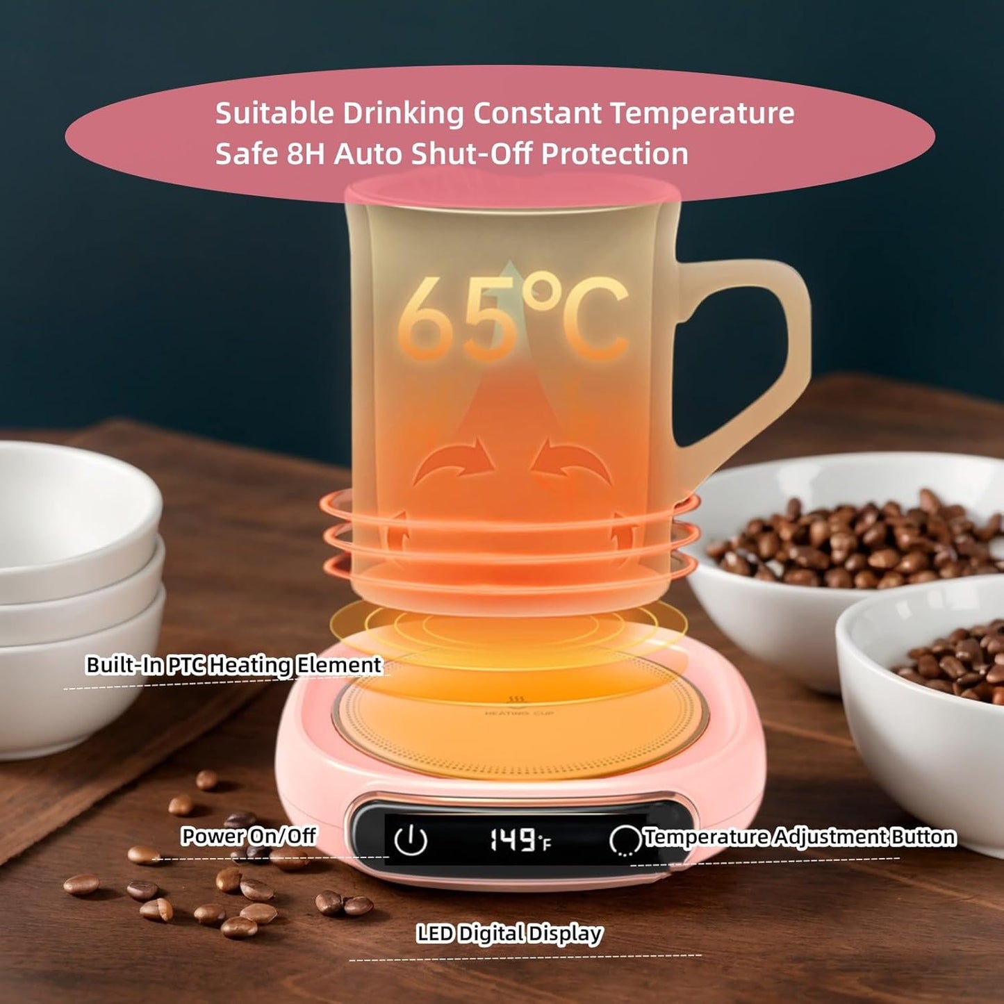 Coffee Mug Warmer For Desk,Multi-purpose Cup Warmer For All Bottles&Cups,Fast Heating Mug Warmer For Tea &Coffee With 3 Temp Settings, Portable Bottle Warmer For Breastmilk, 8 Hours Auto Shut Off,Pink