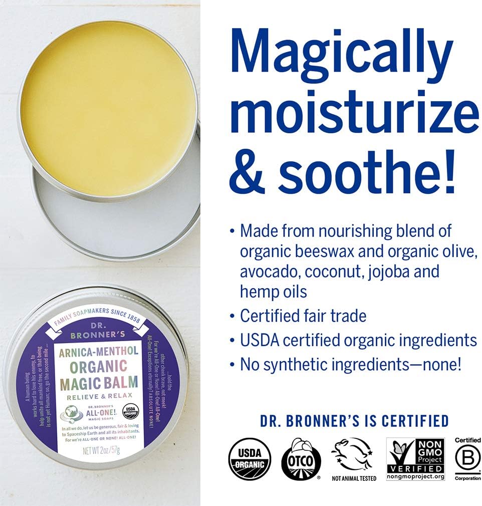 Dr. Bronner's - Organic Magic Balm - Arnica-Menthol, Made w/Organic Beeswax & Hemp Oil, Moisturizes & Soothes Hands, Face, & Body (2 oz, 2-Pack)