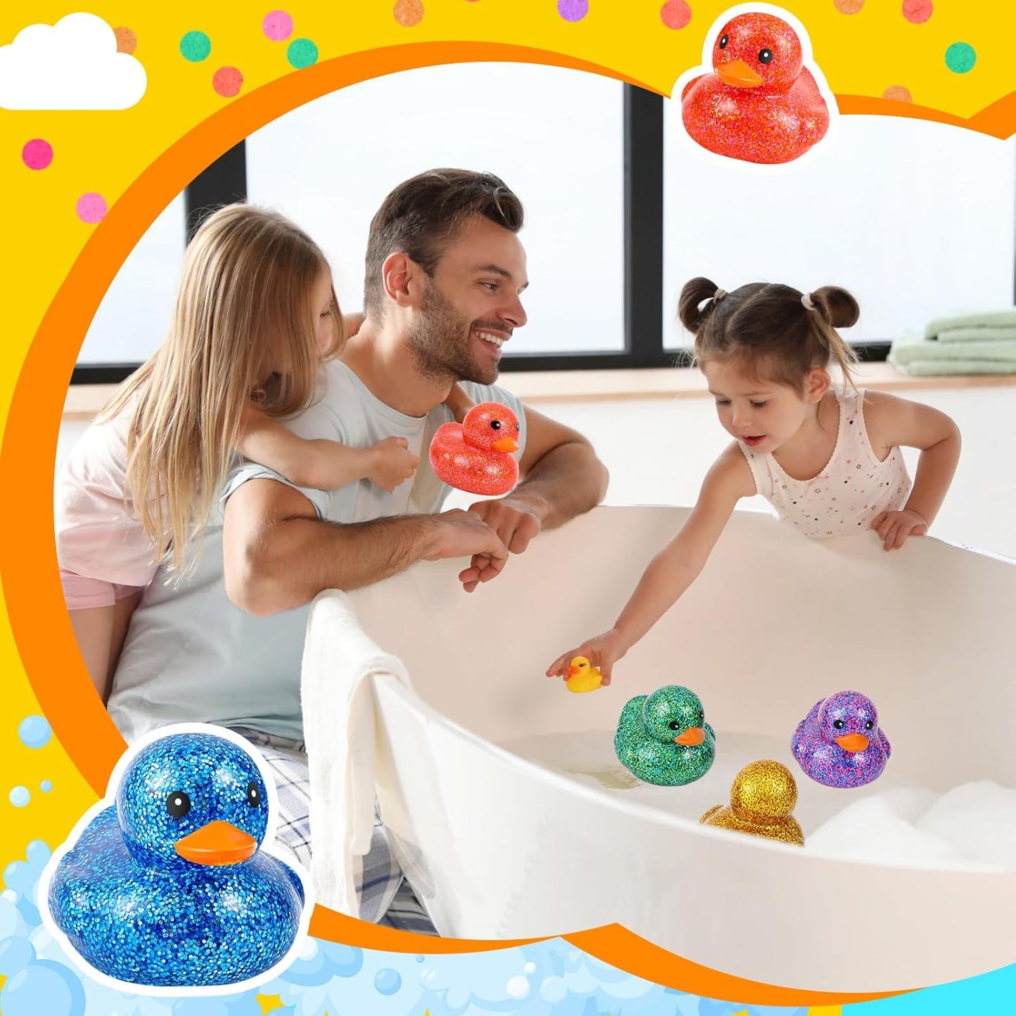 Deekin 6 Pcs 3.54 Inch Glitter Rubber Duck Assortment Toy Duckies Bulk Squeak Rubber Duckies for Kid Baby Bath Shower Pool Classroom Summer Beach Activity