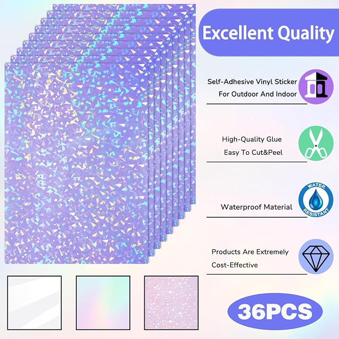 Clabby 36 Sheets Holographic Sticker Paper A4 Vinyl Holographic Laminate Sheets