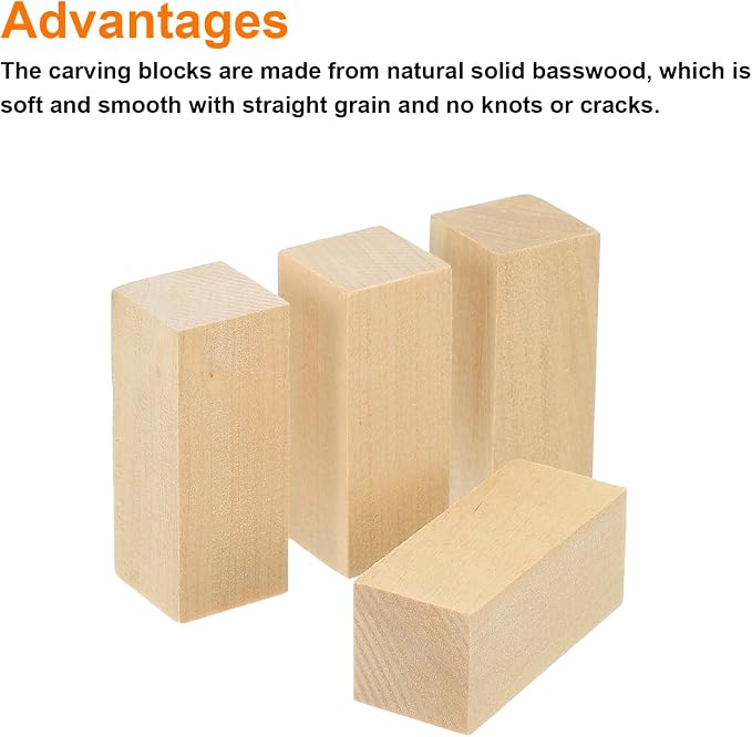 MECCANIXITY 4Pcs Basswood Carving Block, 0.8"x0.8"x2" Square Wooden Dowels
