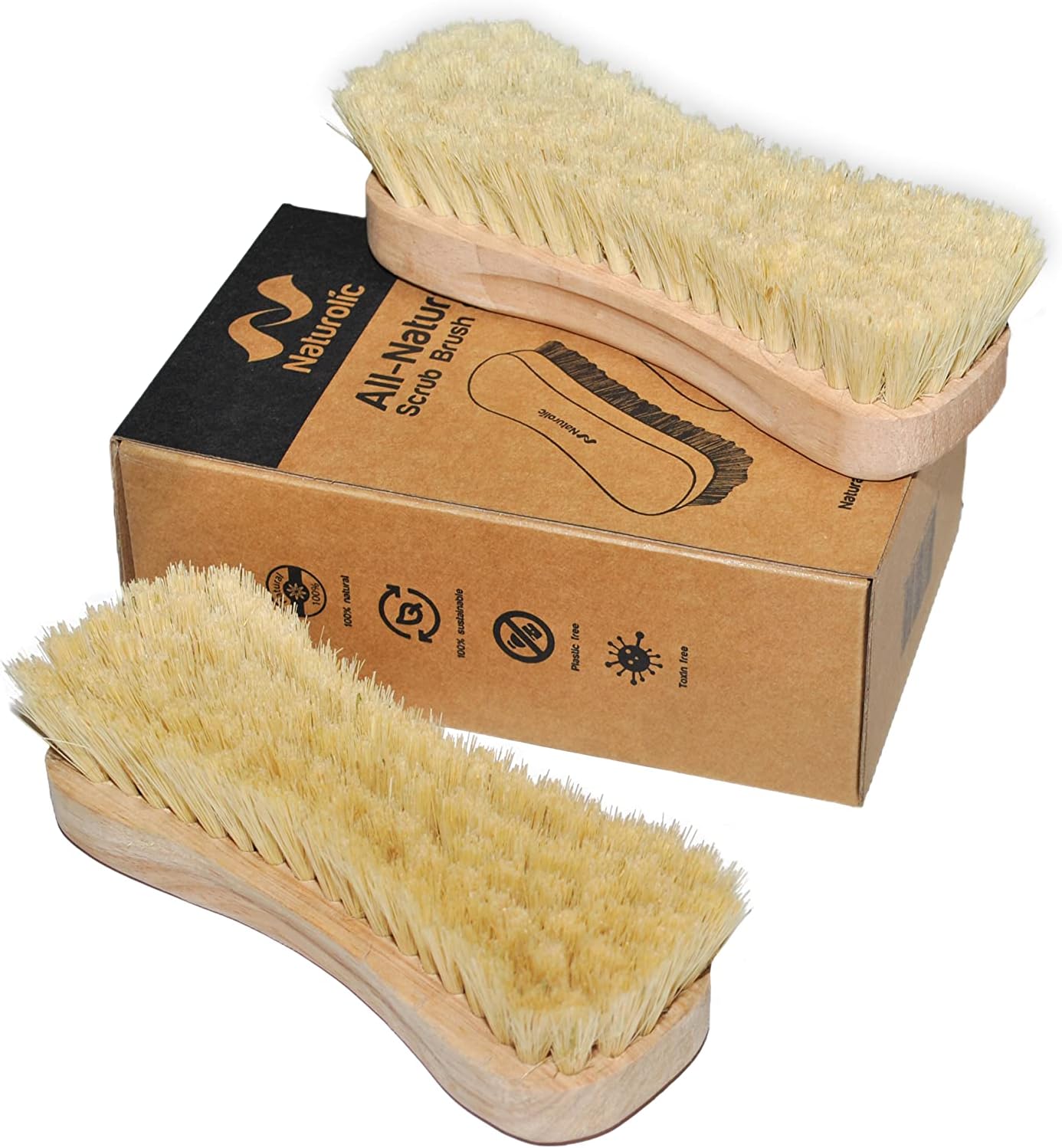 All-Natural Wooden Scrub Brush Set | Eco-Friendly Cleaning Brush Set with Tampico Bristles | Floor Scrub Brush & Shower Scrubber for Bathroom, Tub, Kitchen & Carpet | Sustainable Set – Pack of 2