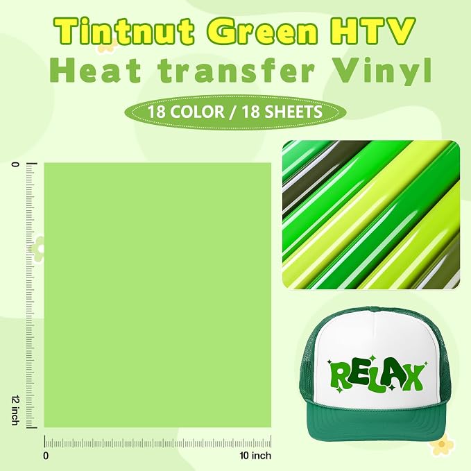 Tintnut Green Heat Transfer Vinyl, 18 Sheets 12×10in Iron on Vinyl | Vibrant